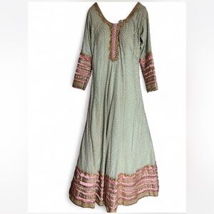 Green and pink embroidered bridal maxi gown and dupatta